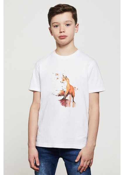 Watercolor Fox Baskılı Unisex Çocuk Beyaz T-Shirt