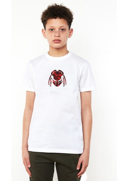 Kırmızı ve Siyah Kamuflaj Predator Illüstrasyon Baskılı Unisex Çocuk Beyaz T-Shirt