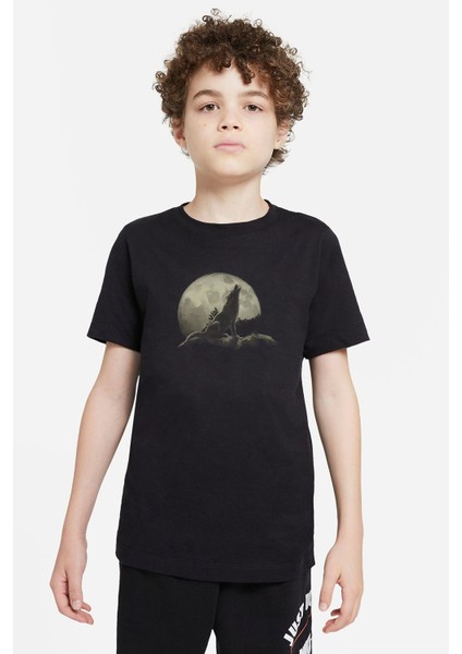 Howling Wolf Moondark Moon Dolunay Kurt Baskılı Unisex Çocuk Siyah T-Shirt