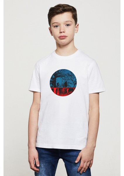 Stranger Things The Upside Down Biker Baskılı Unisex Çocuk Beyaz T-Shirt