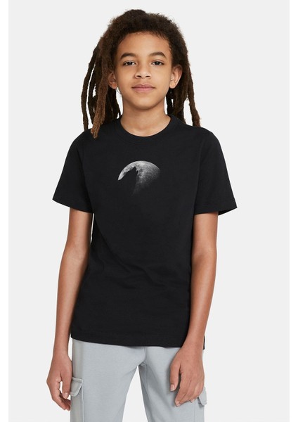 Kurt Dolun Ay Baskılı Unisex Çocuk Siyah T-Shirt