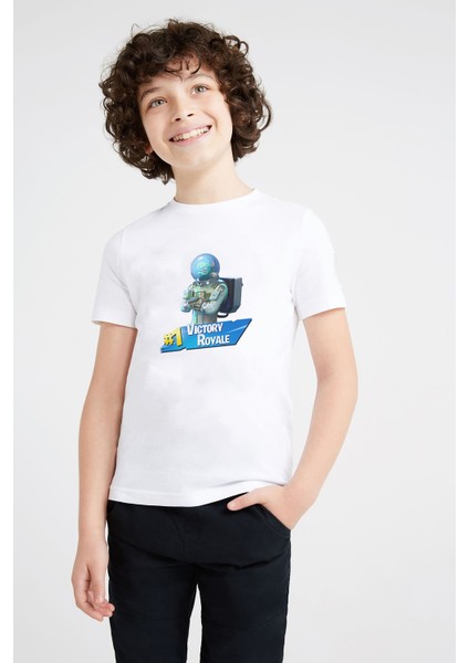 Fortnite Leviathan Victory Royale Baskılı Unisex Çocuk Beyaz T-Shirt