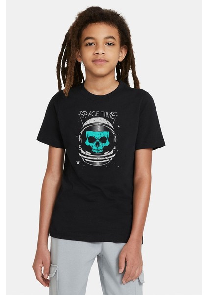 Astronot Kuru Kafa Baskılı Unisex Çocuk Siyah T-Shirt