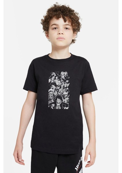 Anime Monkey D Luffy Baskılı Unisex Çocuk Siyah T-Shirt