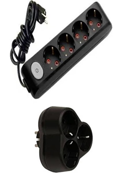 Siyah Set Multi-Let 4'lü Anahtarlı Topraklı Çocuk Korumalı Grup Priz - 5 Metre + 3'lü Yonca Fiş-Priz