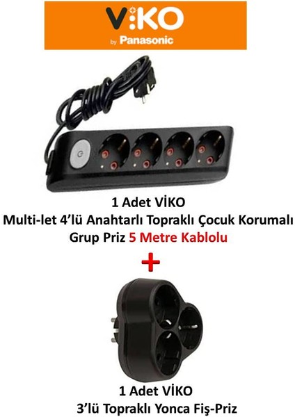 Siyah Set Multi-Let 4'lü Anahtarlı Topraklı Çocuk Korumalı Grup Priz - 5 Metre + 3'lü Yonca Fiş-Priz