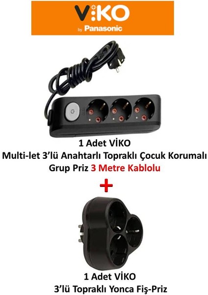 Siyah Set Multi-Let 3'lü Anahtarlı Topraklı Çocuk Korumalı Grup Priz - 3 Metre + 3'lü Yonca Fiş-Priz