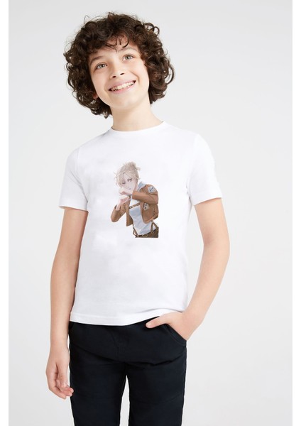 Anime Attack On Titan Baskılı Unisex Çocuk Beyaz T-Shirt