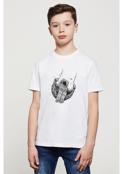 Astronot Ay Salıncak Baskılı Unisex Çocuk Beyaz T-Shirt