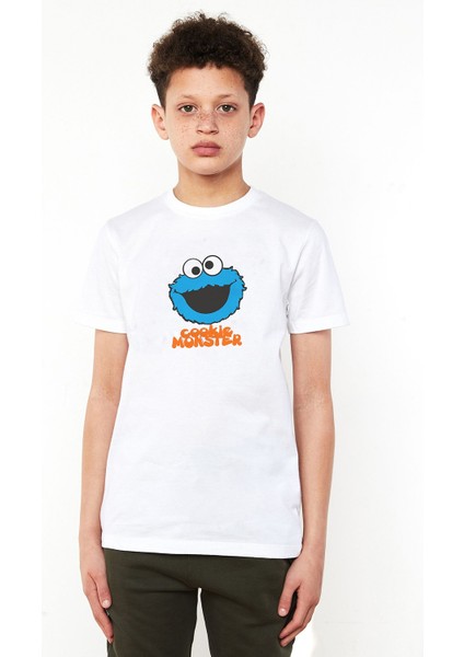 Cookie Monster Baskılı Unisex Çocuk Beyaz T-Shirt