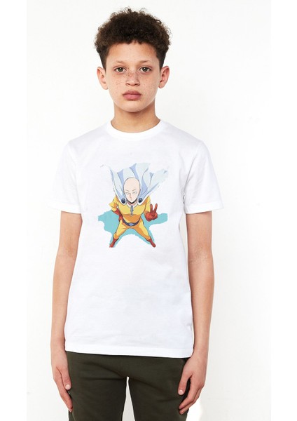 One Punch Man Baskılı Unisex Çocuk Beyaz T-Shirt
