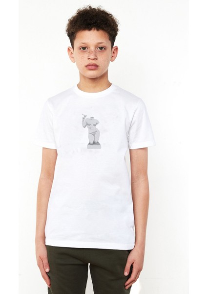 Antik Heykel Büst Vücut Baskılı Unisex Çocuk Beyaz T-Shirt