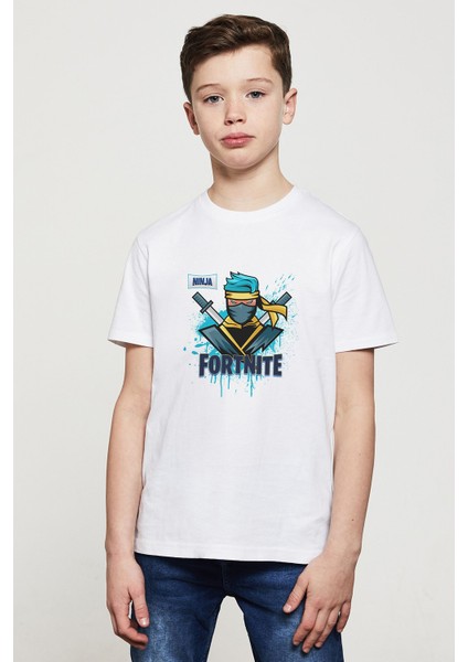 Nınja Baskılı Unisex Çocuk Beyaz T-Shirt