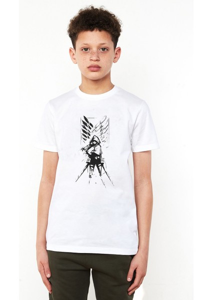 Anime Attack On Titan Baskılı Unisex Çocuk Beyaz T-Shirt