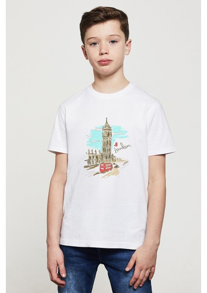 Watercolor Clock Tower London Baskılı Unisex Çocuk Beyaz T-Shirt