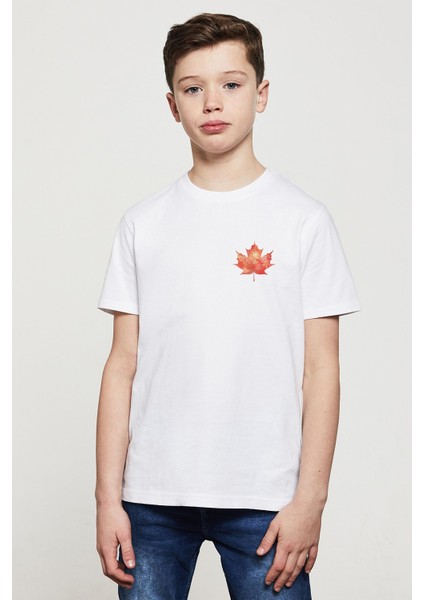 Watercolor Leaf Çınar Yapragı Baskılı Unisex Çocuk Beyaz T-Shirt