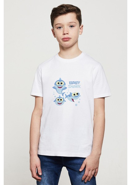 Baby Shark Baskılı Unisex Çocuk Beyaz T-Shirt