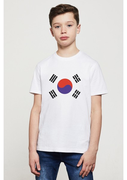 Güney Kore South Korea Baskılı Unisex Çocuk Beyaz T-Shirt