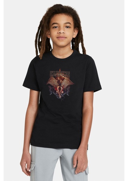 Zeppelın Icarus Wıng Metal Baskılı Unisex Çocuk Siyah T-Shirt