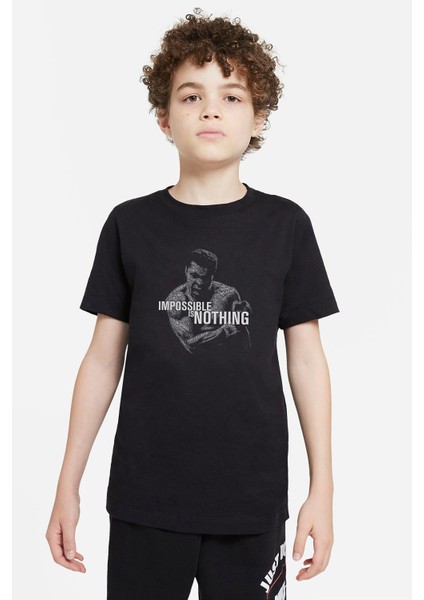 Muhammed Ali Typography Boks Baskılı Unisex Çocuk Siyah T-Shirt