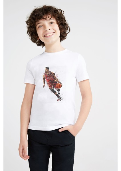 Bulls Basket Basketci Baskılı Unisex Çocuk Beyaz T-Shirt