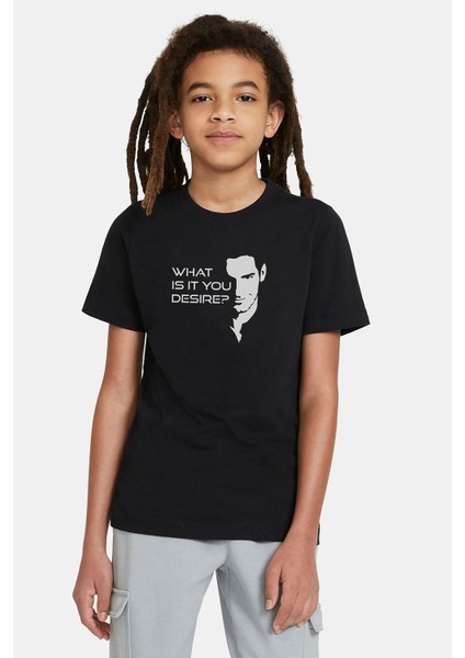 Lucifer What Is It You Desire Baskılı Unisex Çocuk Siyah T-Shirt