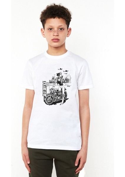 Racer Motor Motorsiklet Baskılı Unisex Çocuk Beyaz T-Shirt