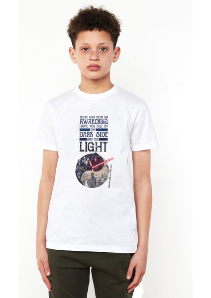 Dark Side Light Baskılı Unisex Çocuk Beyaz T-Shirt