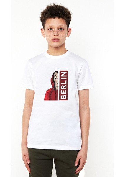 La Case De Papel Berlin Baskılı Unisex Çocuk Beyaz T-Shirt