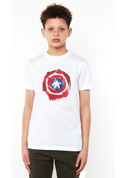 Captain America Shield Baskılı Unisex Çocuk Beyaz T-Shirt