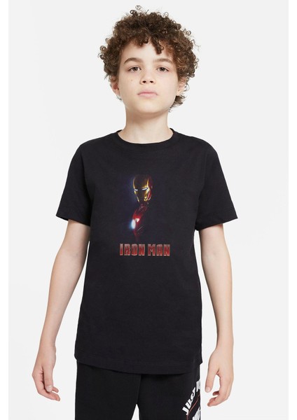 Iron Man Baskılı Unisex Çocuk Siyah T-Shirt