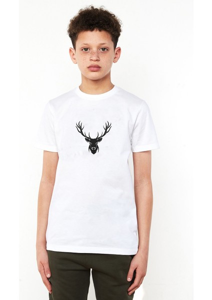 Silhouette Deer Baskılı Unisex Çocuk Beyaz Tshirt