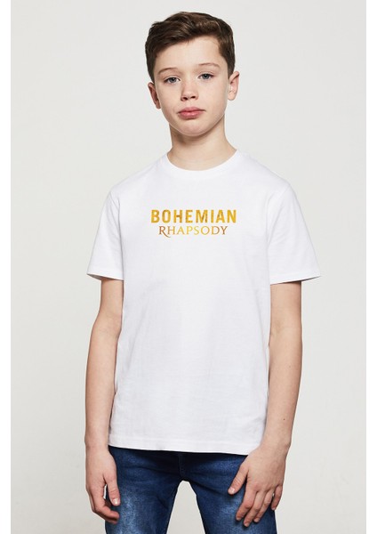 Bohemian Rhapsody Yazı Logo Baskılı Unisex Çocuk Beyaz T-Shirt
