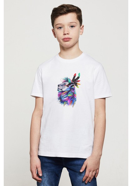 Kağıt Rengi Boyama Tuval Çizim Aslan Baskılı Unisex Çocuk Beyaz T-Shirt