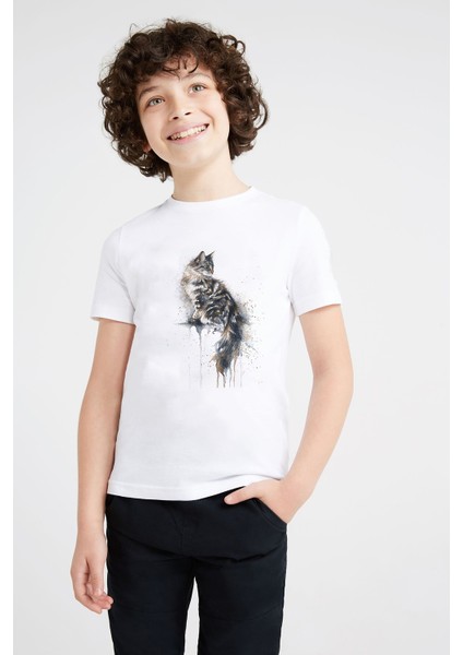 Watercolor Cat Baskılı Unisex Çocuk Beyaz T-Shirt