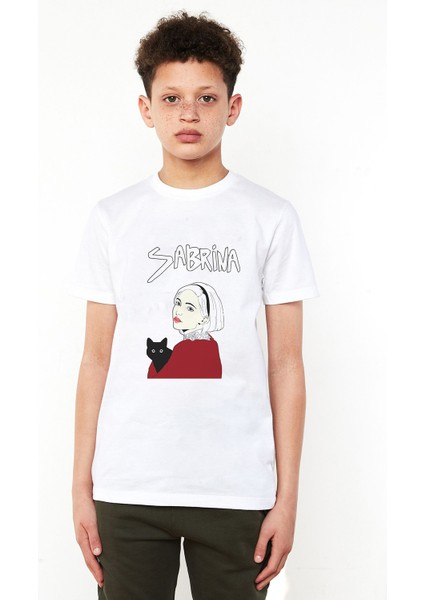 Chilling Adventures Of Sabrina Sabrina & Cat Baskılı Unisex Çocuk Beyaz T-Shirt