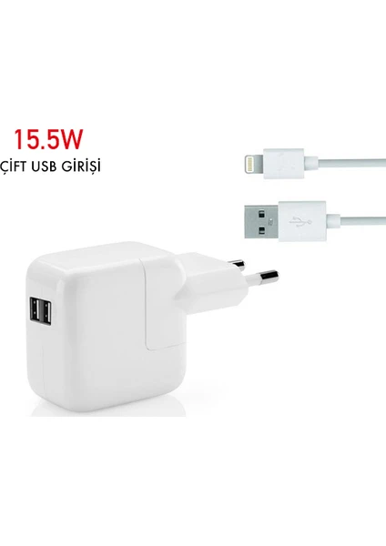 15.5W Çift Girişli Apple iPad  Şarj Adaptörü + Kablo (Oem)