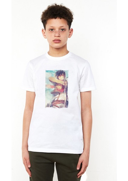 Anime Attack On Titan Baskılı Unisex Çocuk Beyaz T-Shirt