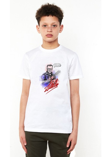 Stan Lee Marvel Kara Kalem Baskılı Unisex Çocuk Beyaz T-Shirt