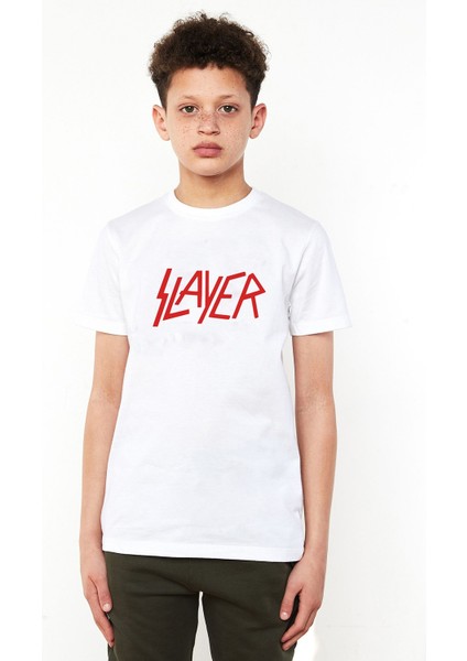 Slayer Logo Baskılı Unisex Çocuk Beyaz T-Shirt