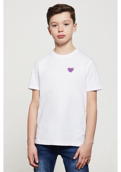 Mor Leylak Çiçeği Illüstrasyon Leylak Mor Baskılı Unisex Çocuk Beyaz T-Shirt