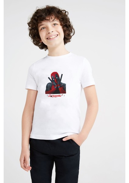 Deadpool Düşünceli Baskılı Unisex Çocuk Beyaz T-Shirt