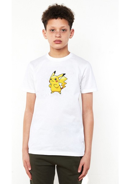 Kızgın Pikachu Pokemon Baskılı Unisex Çocuk Beyaz T-Shirt