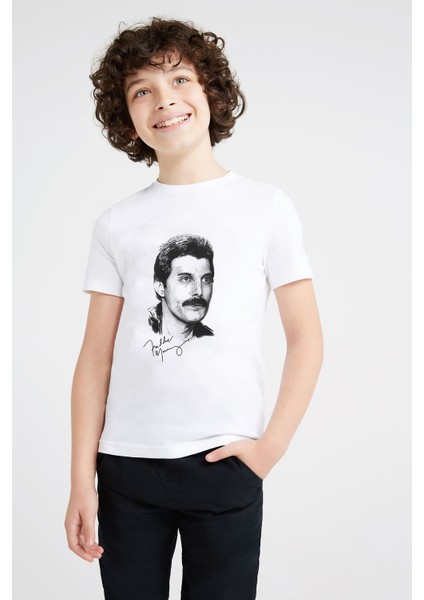 Freddie Mercury 1 Baskılı Unisex Çocuk Beyaz T-Shirt