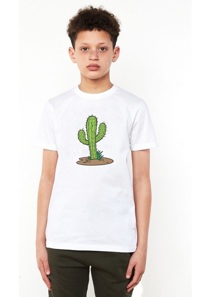 Kaktüs Cactus Baskılı Unisex Çocuk Beyaz T-Shirt