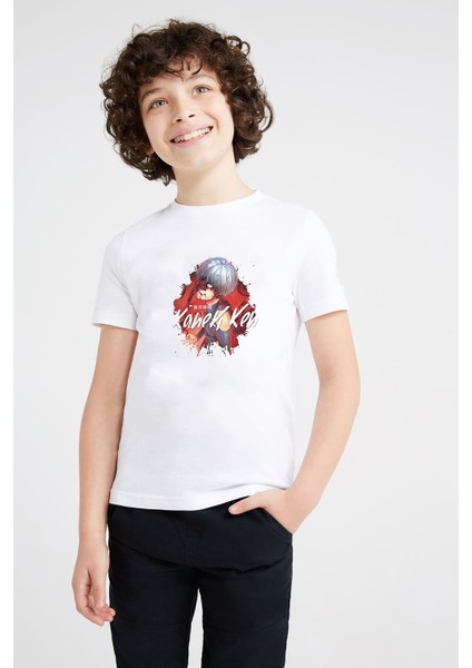 Anime Tokyo Ghoul Kaneki Manga Baskılı Unisex Çocuk Beyaz T-Shirt