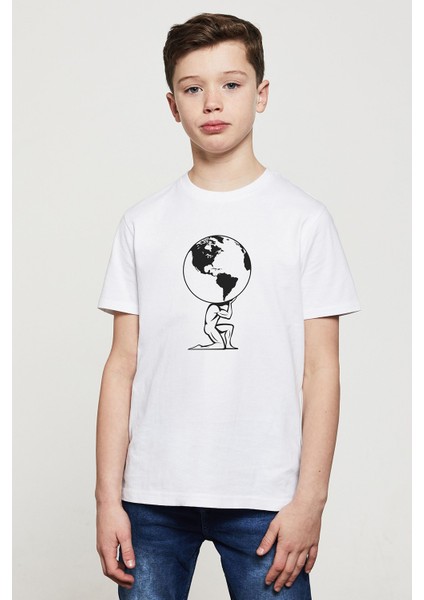 Silhouette Atlas Greek Mythology Baskılı Unisex Çocuk Beyaz T-Shirt