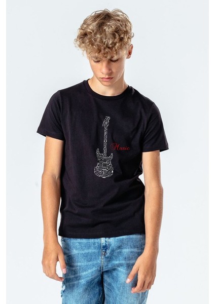 Notalar Gitar Music Müzik Baskılı Unisex Çocuk Siyah Tshirt