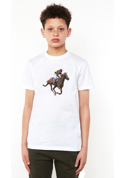 At Yarışı Jokey Baskılı Unisex Çocuk Beyaz T-Shirt