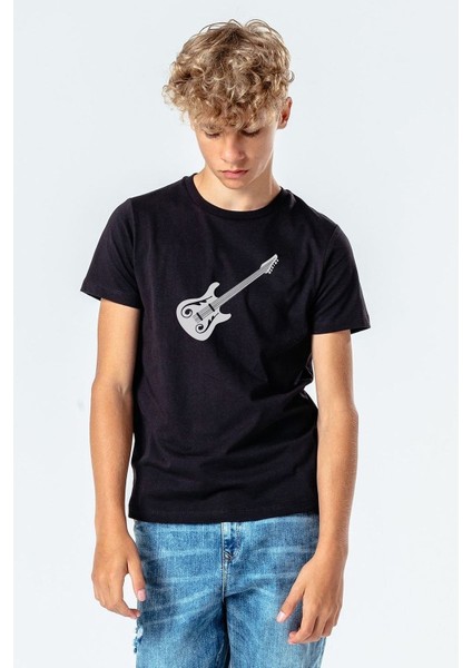 Bas Gitar Siyah ve Siyah Elektro Gitar Baskılı Unisex Çocuk Siyah Tshirt